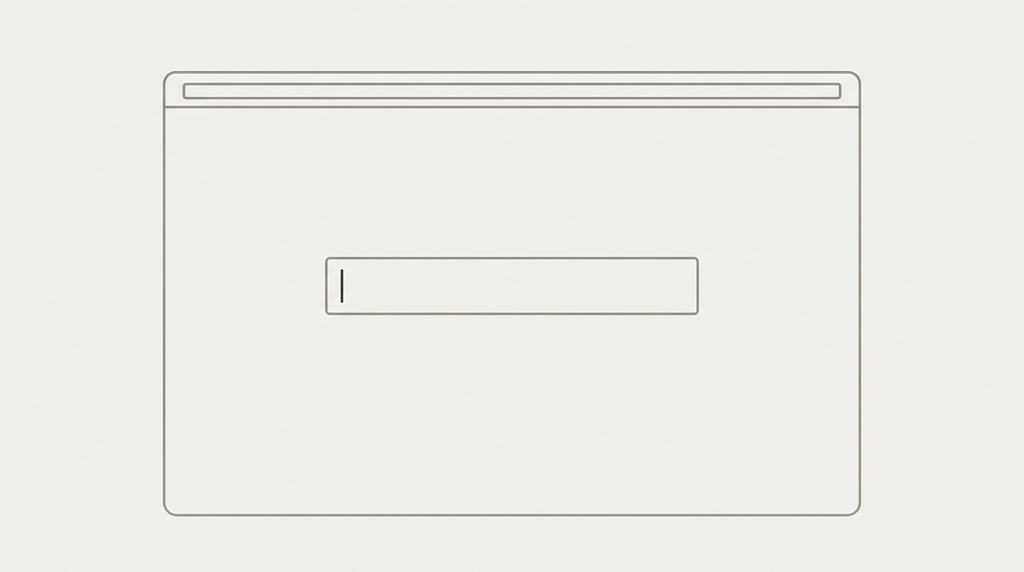 Abstract editorial illustration of a stark blank screen with only a single centered text field and a blinking cursor at its center, with no other affordances visible