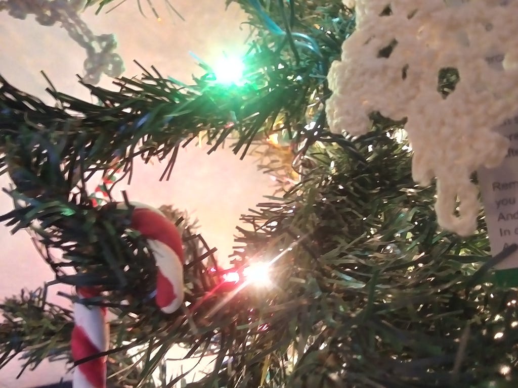 This is a close-up picture of the space between the branches of a Christmas tree. It represents the space of time taken between the triumphant celebration of the birth of Jesus and the jubilant start of a new year. These spaces in between can seem meaningless, or even empty, but they are just as valuable as the highlights.