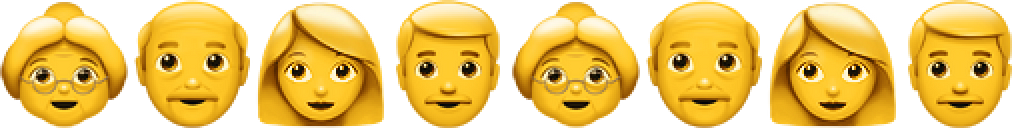 Emoji de adultos idosos de diferentes gêneros e adultos jovens de diferentes gêneros