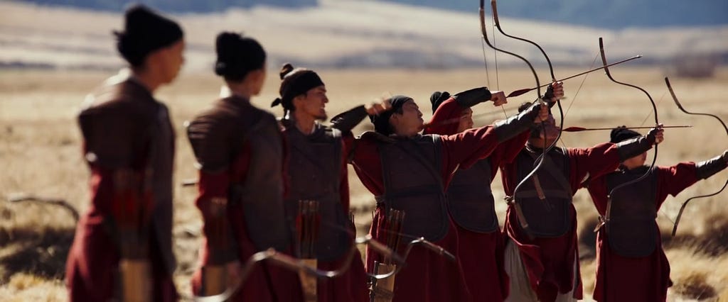In Disney’s 2020 remake of Mulan, we see the soldiers lined up and practicing archery.