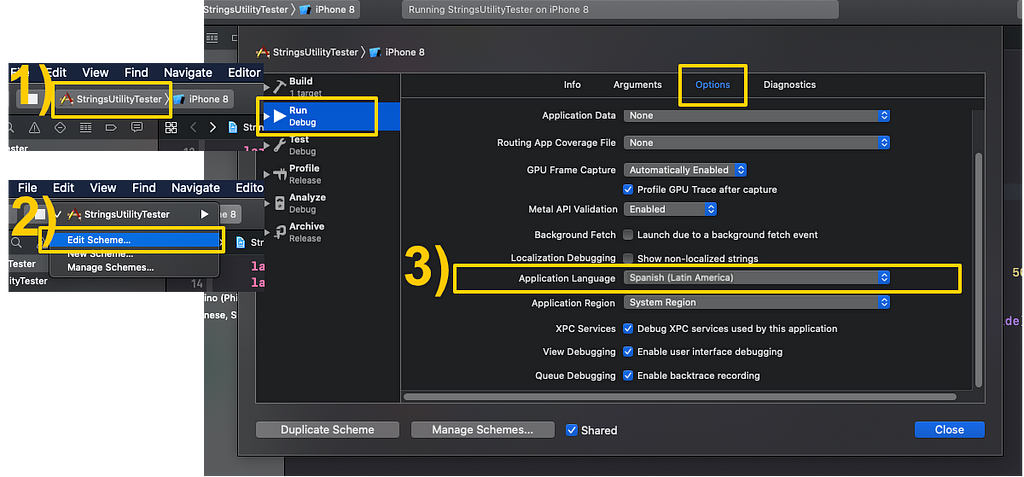 Change Active Scheme → Edit Scheme → Run → Options → Application Language and select a preferred language. I selected Spanish