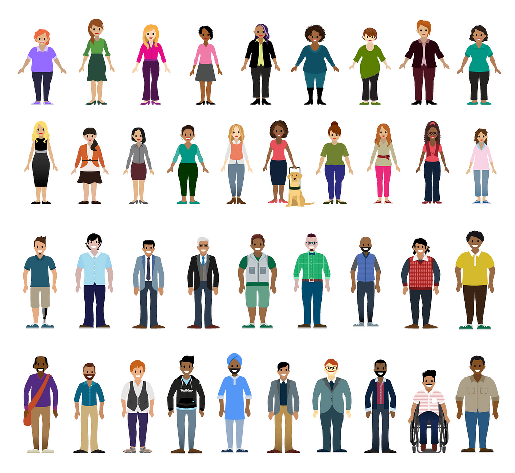 An illustration of 38 diverse Salesforcelandian characters from all walks of life.