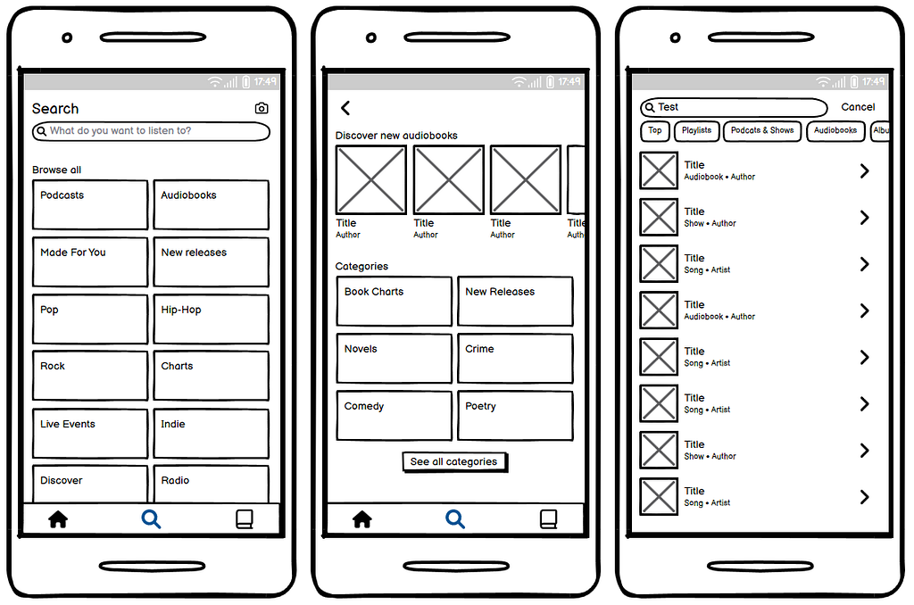 Balsamiq wireframe (low-fidelity) showing the search screen in three different frames.