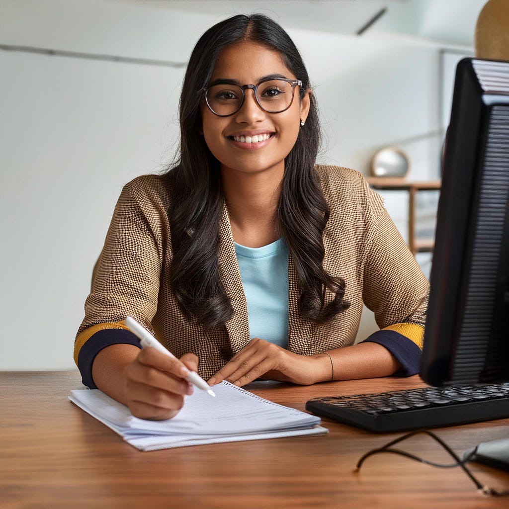 A happy, rested-looking female educator who may be using AI to support her paper-grading workload.