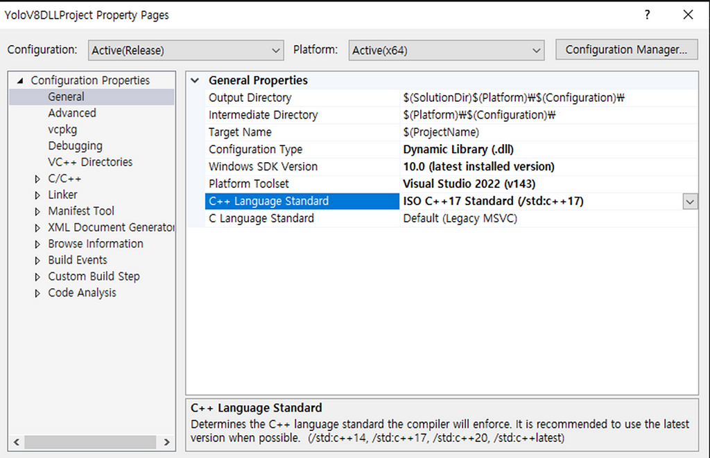Visual Studio project properties window showing the C++ Language Standard option set to C++17 Standard (std::c++17).