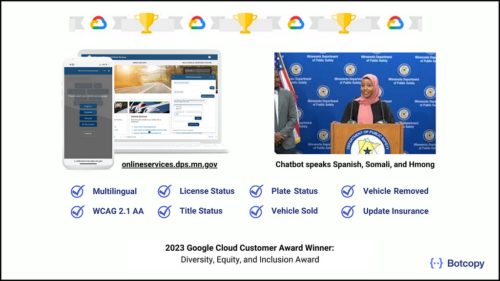 Google NEXT Award for Diversity, Equity and Inclusion. Botcopy and Minnesota DMV, with Google Public Sector.