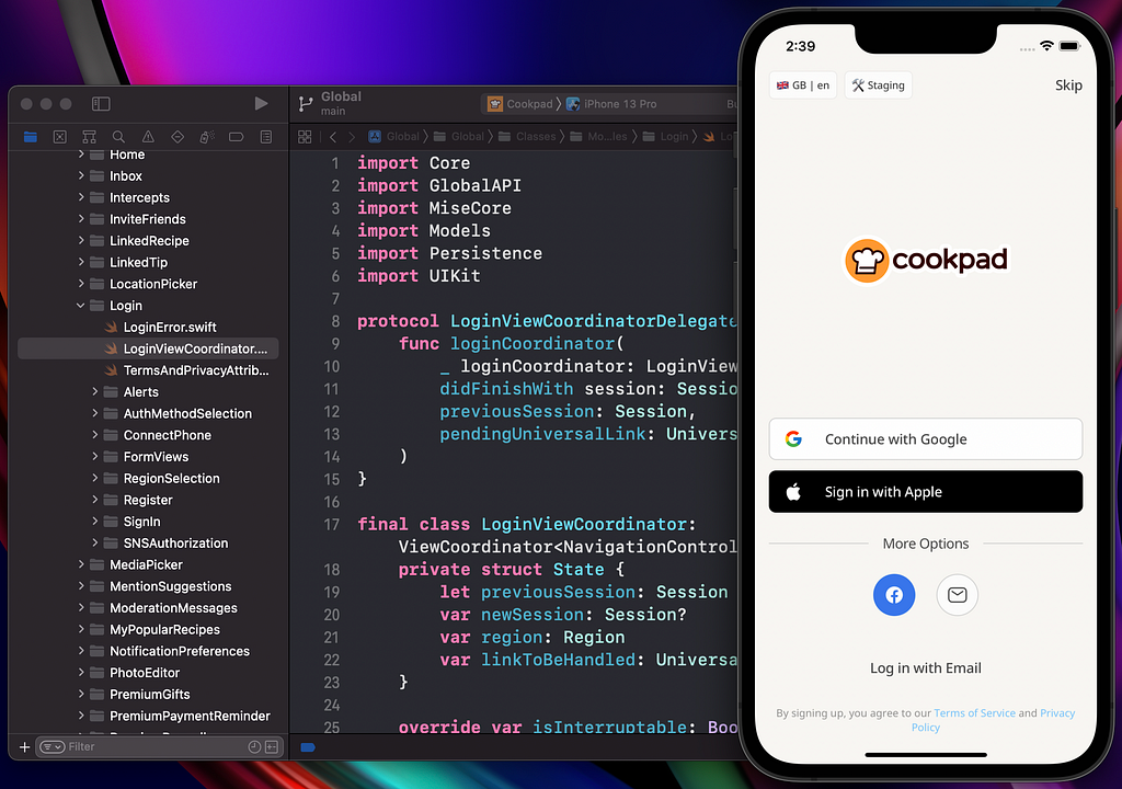 A screenshot of Xcode and the iOS Simulator — The loaded Xcode Project is the Cookpad application and the simulator is displaying the login screen within the Cookpad app.