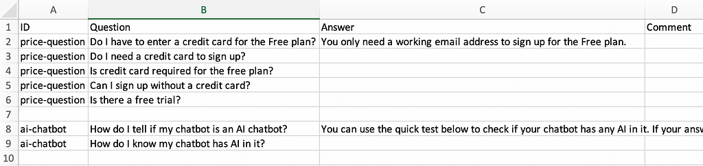 Spreadsheet content of a sample Q&A CSV file for Juji platform