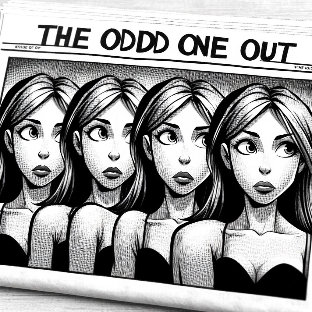 An image of four women, seemingly identical, under the caption “The Odd One Out”. But look closer and you’ll see it’s actually “The Oddd One Out”, there’s an extra pair of shoulders who don’t seem to belong to anyone and other oddities, too.