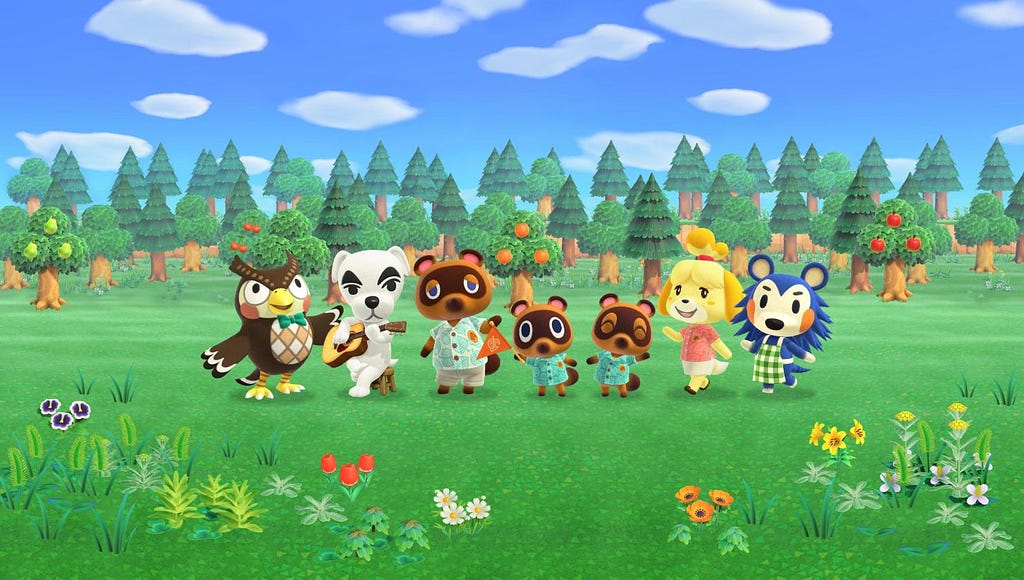 A computer generated image of a group of animals from the game Animal Crossing standing in a field