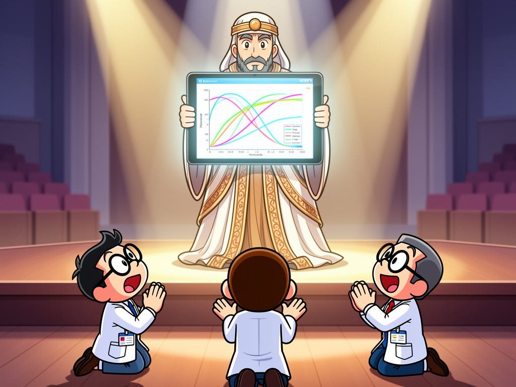 Cartoon prophet figure in robes holding a glowing tablet of forecast plots while engineers bow