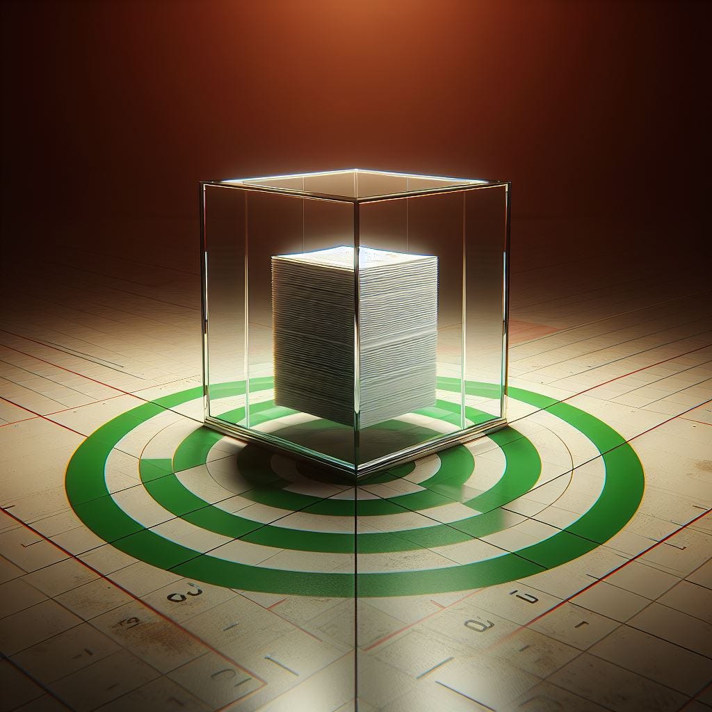 A stack of research report papers sits neatly in a glass cube over an abstracted green target sign on a cream colored floor. Dark orange shadows in the background. AI generated image.