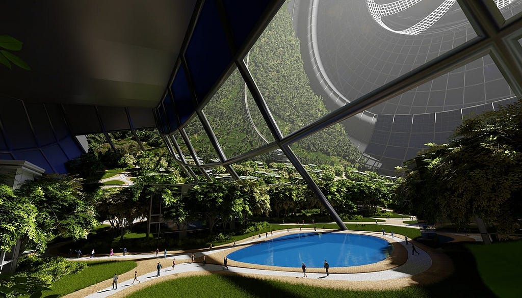 A futuristic scene with a green landscape and blue pool.