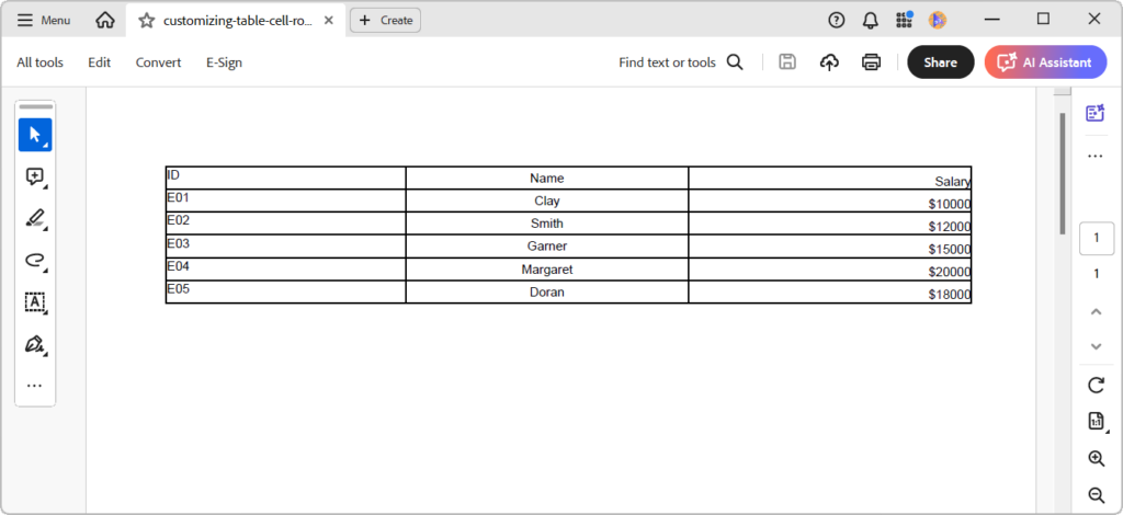 Customize columns in a PDF table using the .NET PDF Library