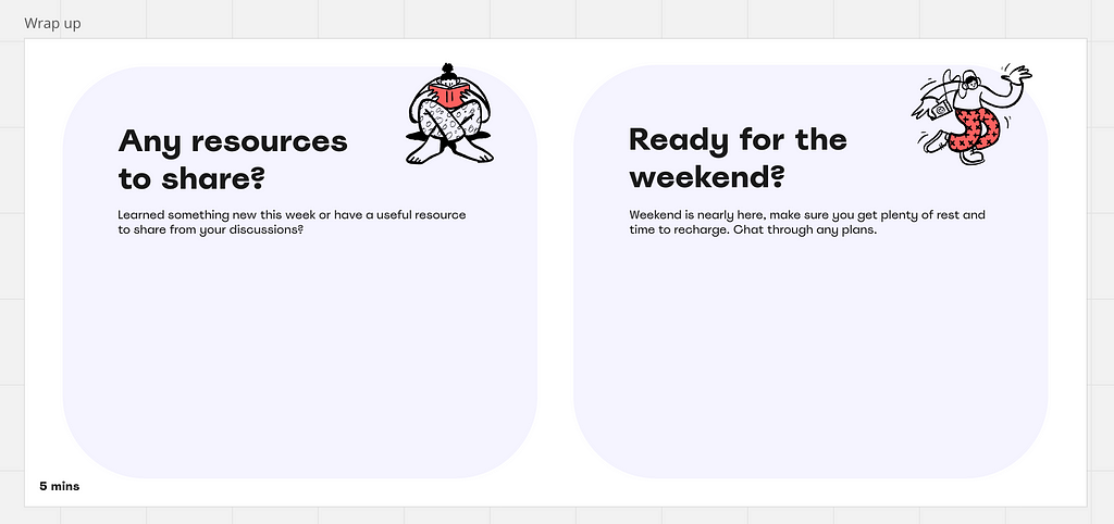 Screenshot of the Miro template showing task two. Team members share resources and chat through plans for the weekend.