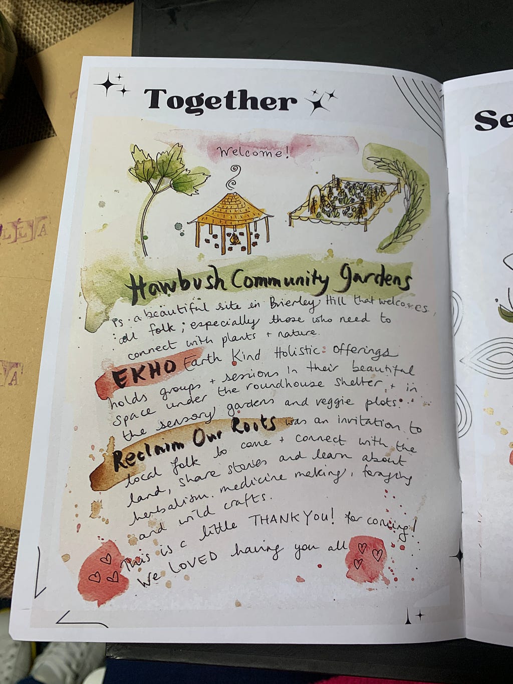 A photo of a page of hand written text and illustration. Creative documentation zine page illustrating learning within Reclaim our Roots (led by Ekho Collective).