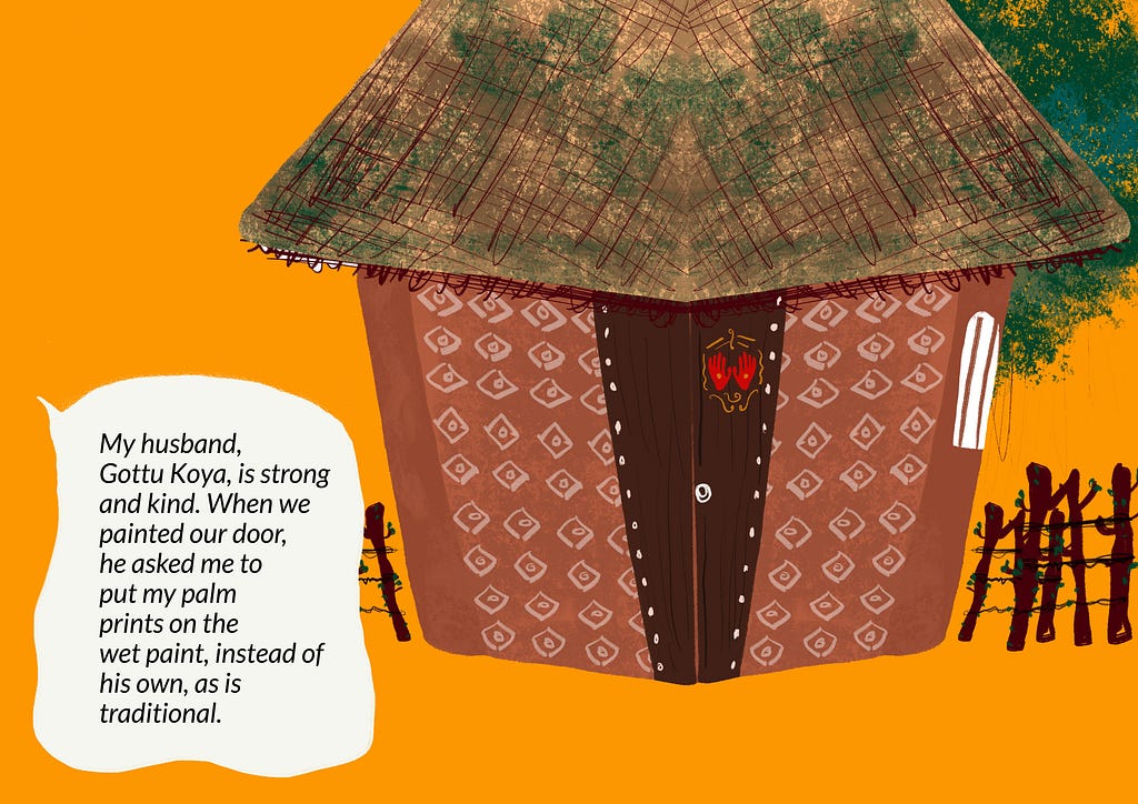 Guruwari describes her husband. An illustration of their hut.