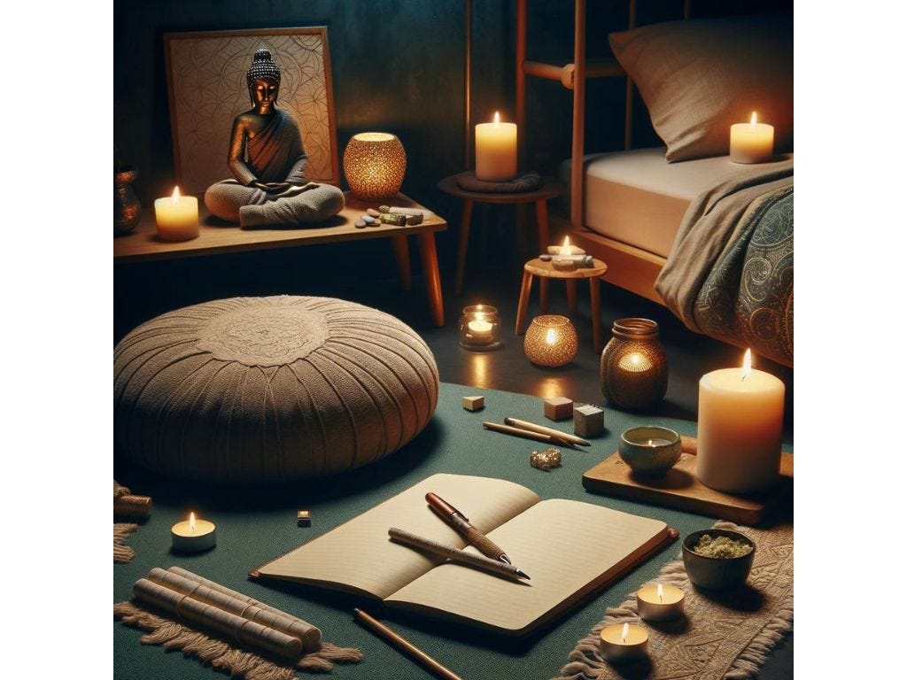 A cozy meditation space at night, designed for sleep meditation, with candles, a cushion, and a journal, illustrating a personalized approach to achieving tranquil sleep.
