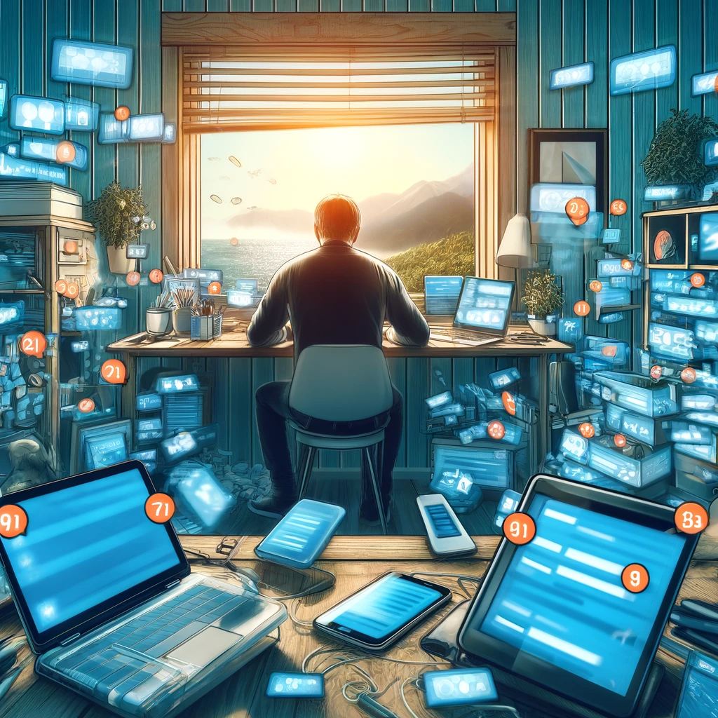 A digital illustration of a chaotic home office scene showing blurred lines between personal and work spaces.