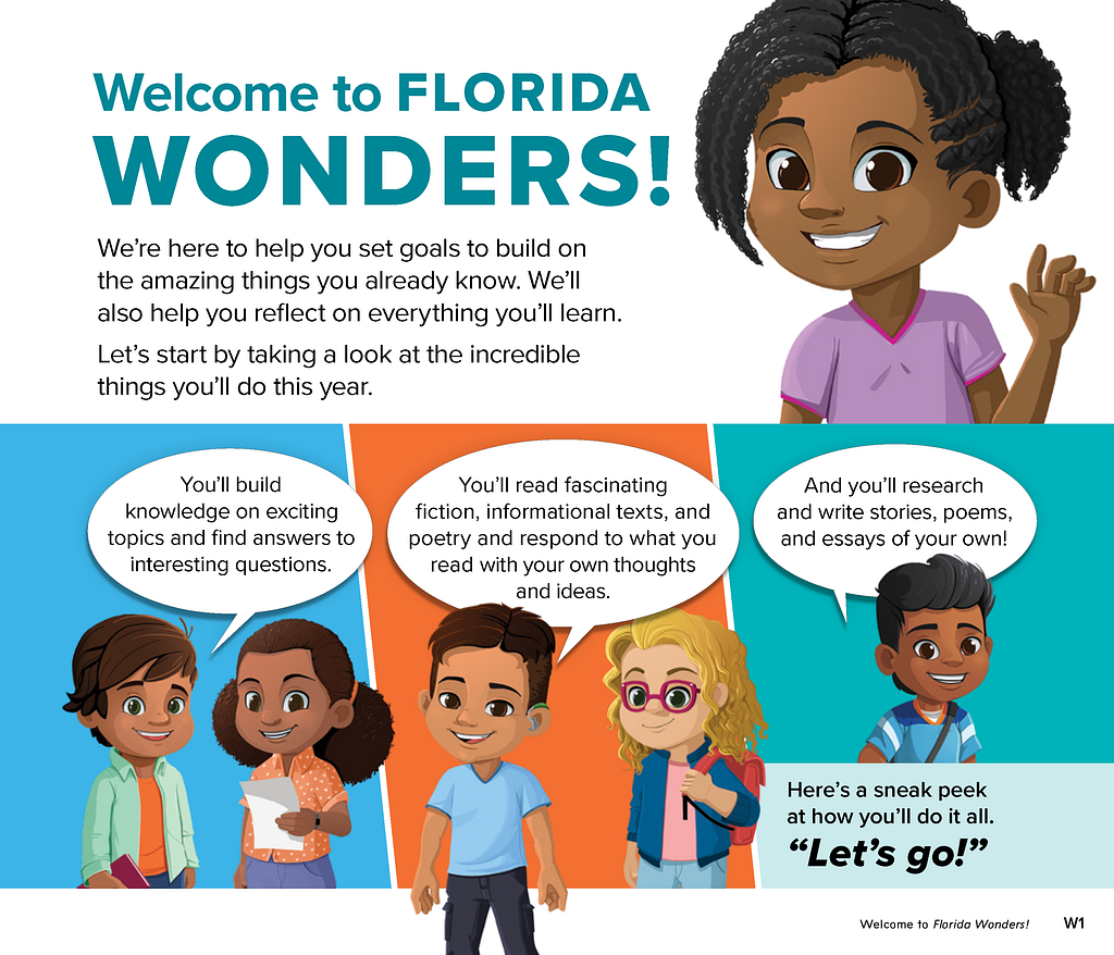 Six illustrated students stand in a group to talk about the reading program. A boy with brown hair and a hearing aid is in the middle of the group.