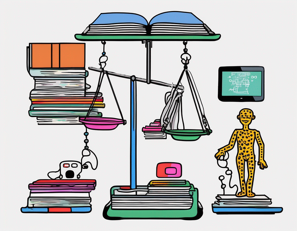 A balance scale with digital devices on one side and books on the other, symbolizing the ethical considerations and balance needed in implementing AI and technology in education