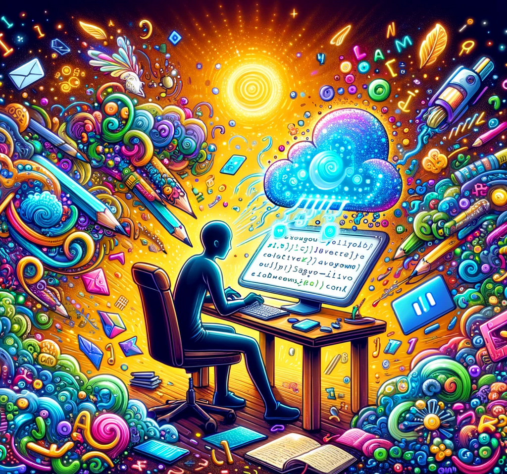 A bright and imaginative doodle that encapsulates the concept of using AI for writing. The scene is vibrant and filled with whimsical elements, showcasing a person sitting at a desk, their hands hovering above a keyboard that glows with light and digital symbols, signifying the AI’s influence. The AI’s presence is visualized through a playful, cartoonish cloud or character emanating from the computer screen, engaging with the person and assisting in the creative process.