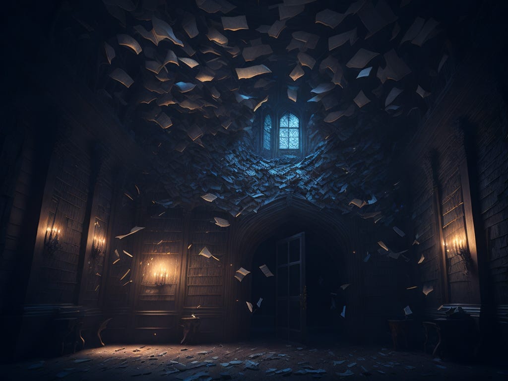 A chamber with papers hanging off the ceiling, generated by Leonardo AI.