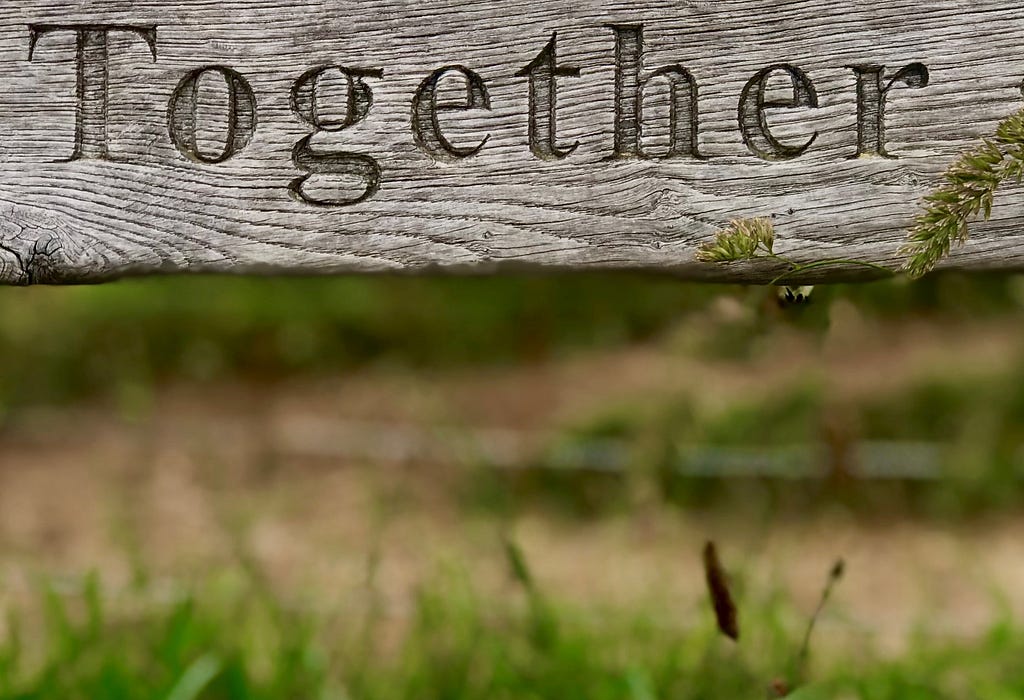 A wooden fence in front of a field with the word “together” etched into the surface.