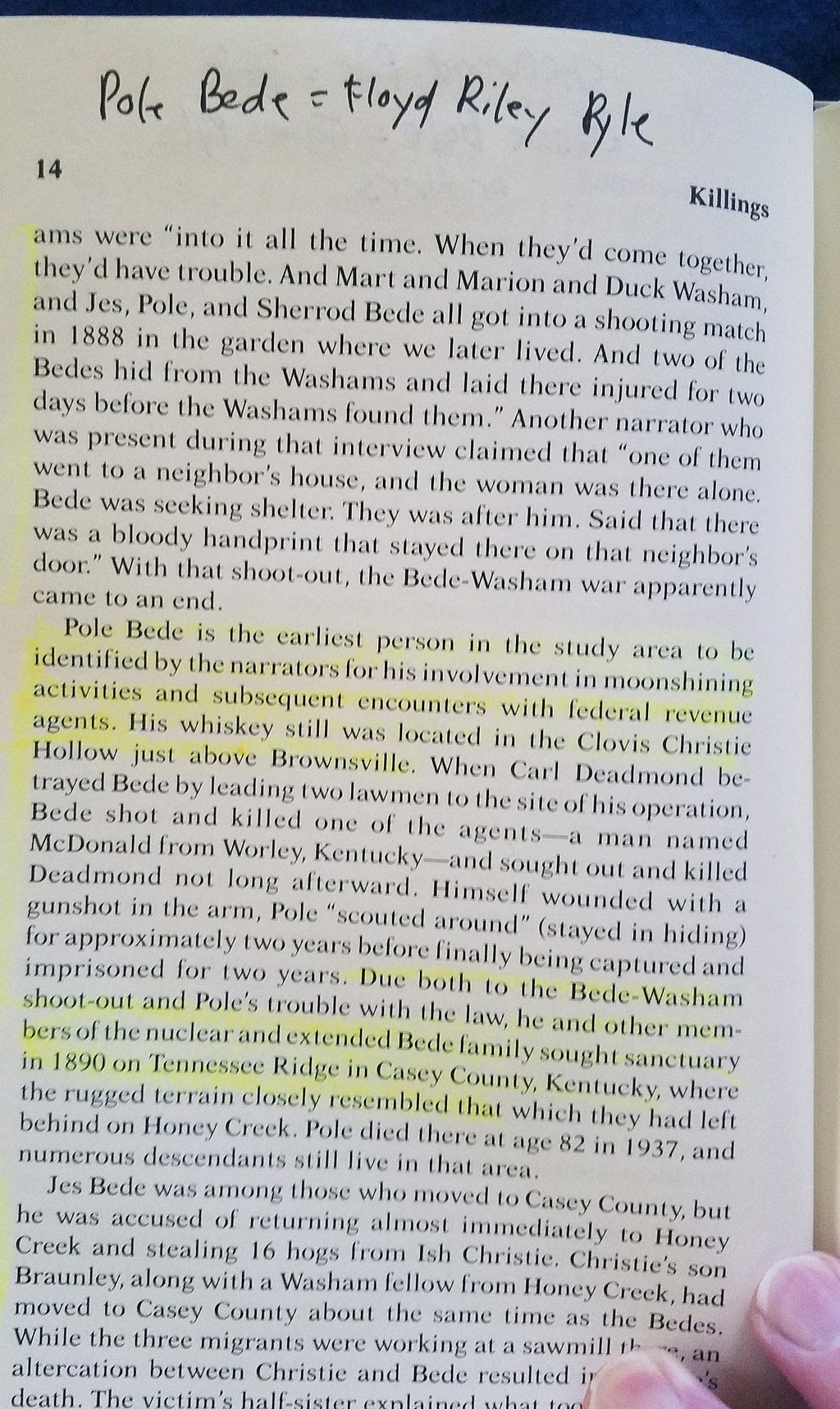 A photo from page 14 of Montell’s “Killings — Folk Justice in the Upper South”. Several pages are highlighted, and the author’s notes are in the margins. Photo by author.