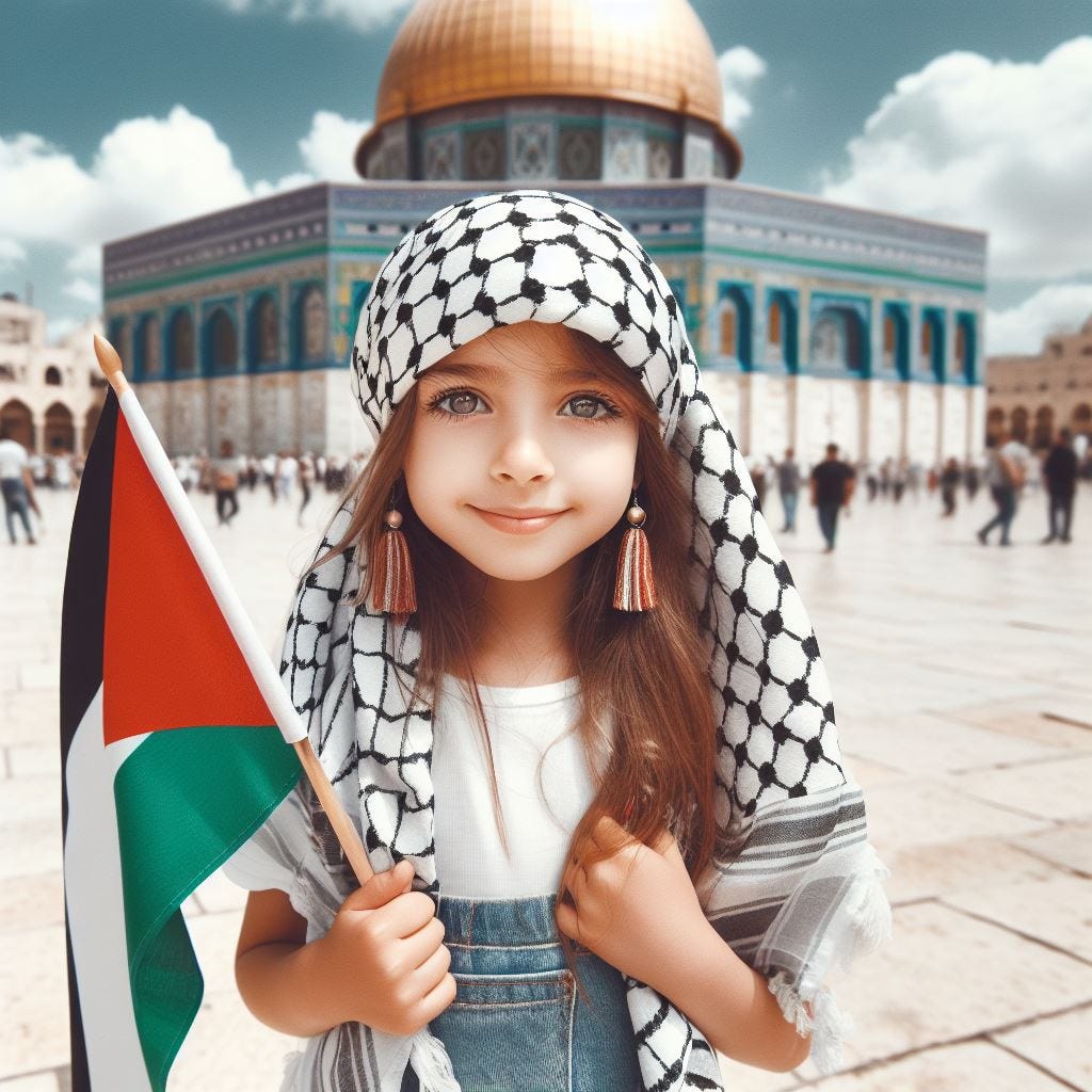 AI picture of sweet girl wearing kefiyyeh in front of Al-Aqsa mosque holding Palestine flag