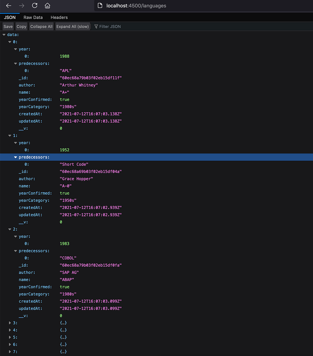 Retrieve the programming languages scraped and stored in MongoDB