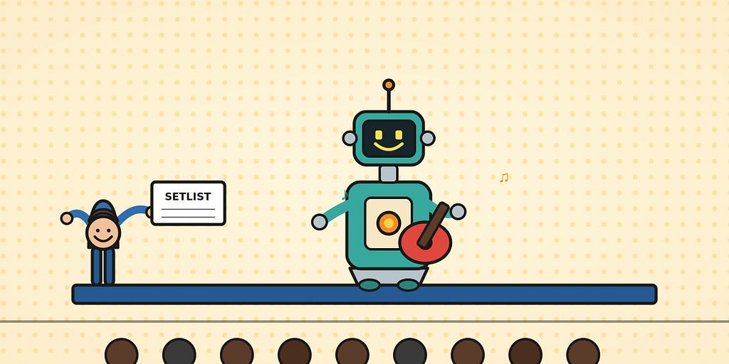 A cartoon stage. The teal robot stands up front with a guitar, wearing the man’s grin on its screen, playing to a row of audience heads. Off to the side, the man holds a paper labeled “SETLIST,” deciding what comes next.