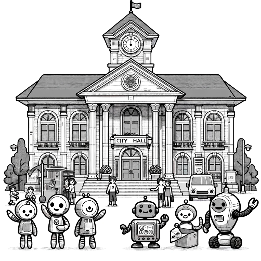 A black and white line drawing of a City Hall with some friendly robots nearby