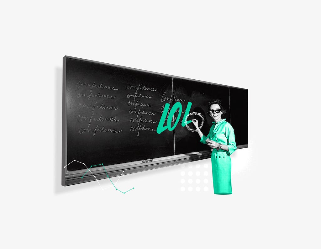 lady in glasses writing ‘LOL’ on a blackboard.