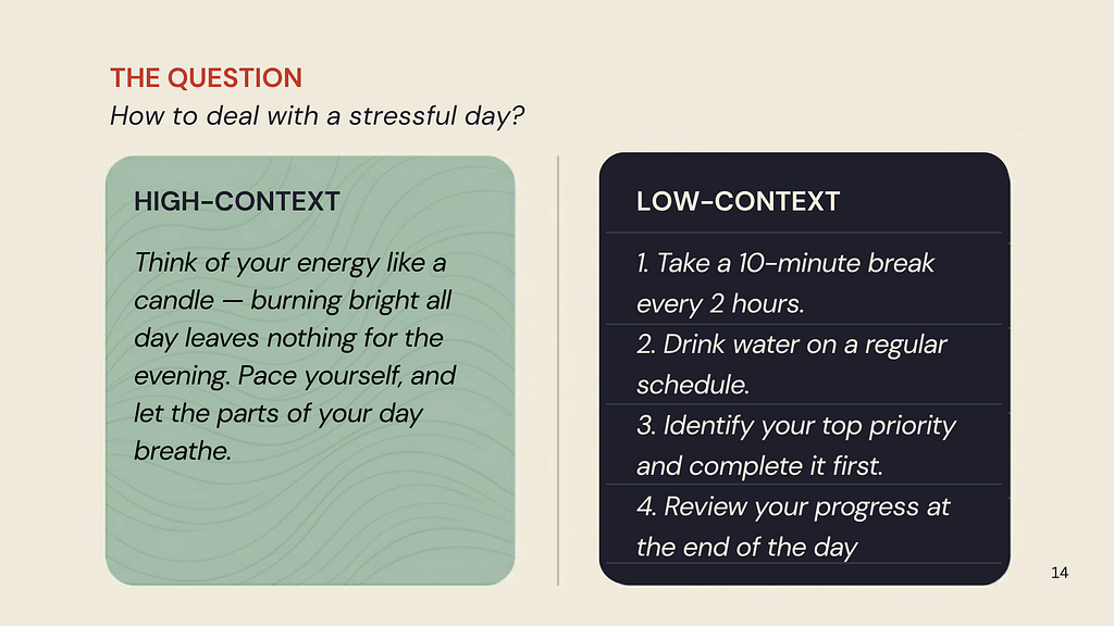 Question — how to deal with stress? 2 bubbles with answers — one metaphorical, another one with a to-do checklist