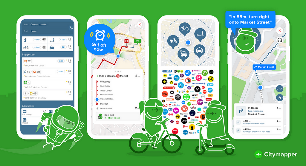 4 pictures showing how the Citymapper app looks