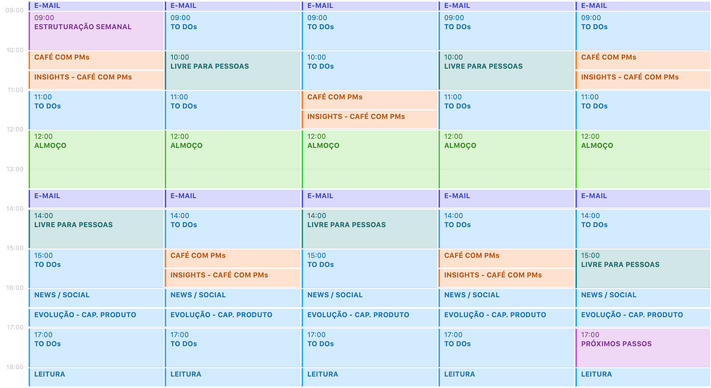 Imagem que apresenta um calendário de atividades semanais, divididas em blocos de 30 e 60 minutos