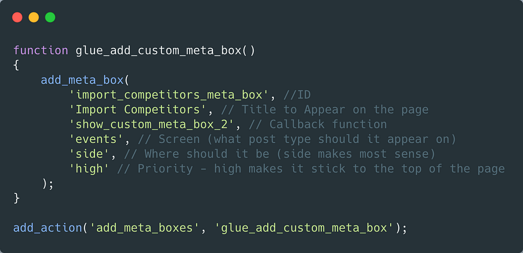 A snippet of code which shows adding a metabox — full copyable code at the end of the article