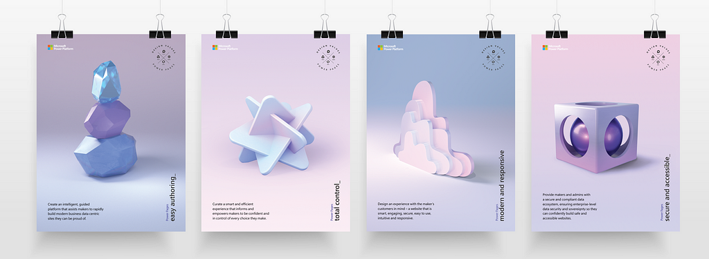 An image of a 3D render of four posters with abstract lavender and periwinkle images on them.