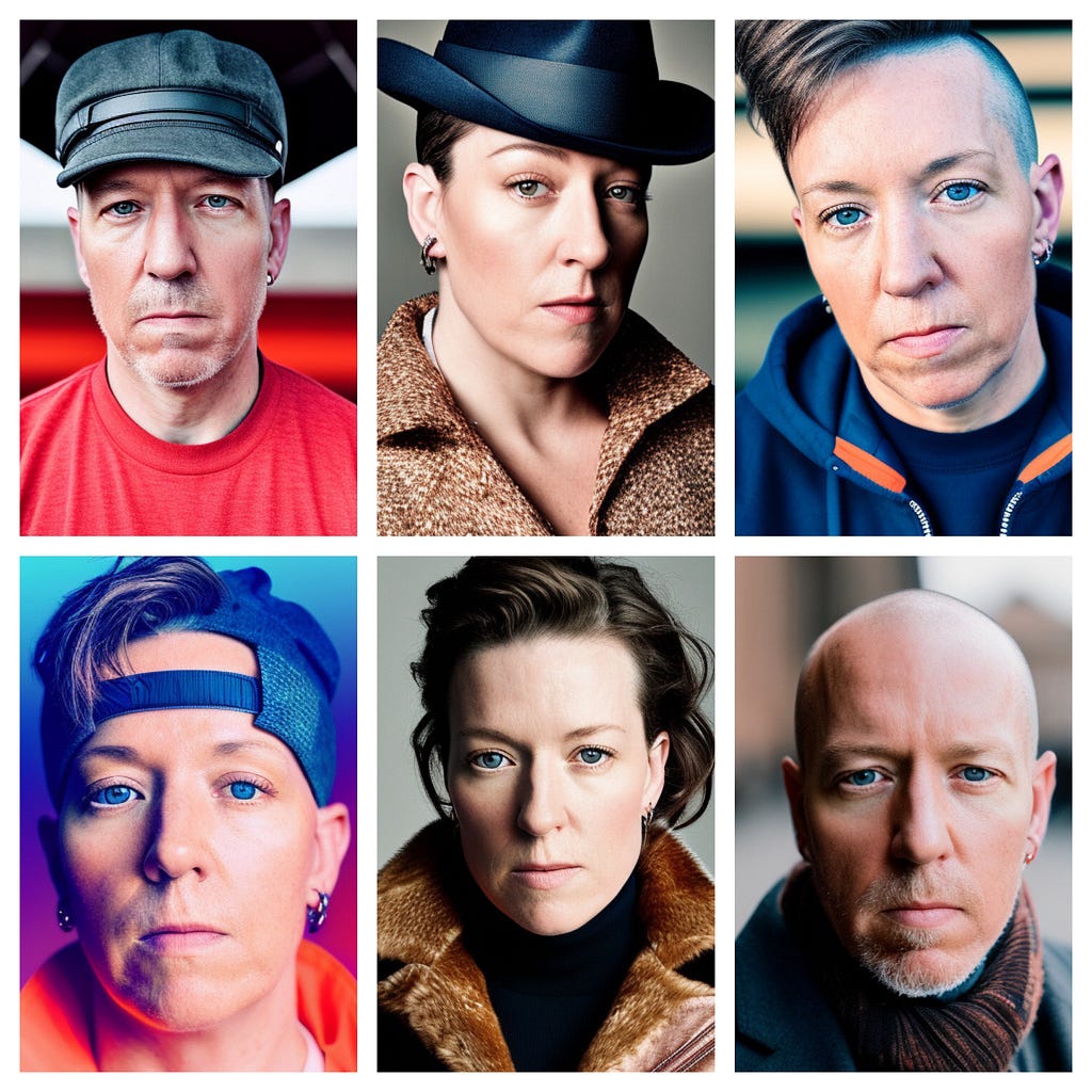 Six AI generated images of white people in my likeness. Two older men, two women, and two androgynous people.
