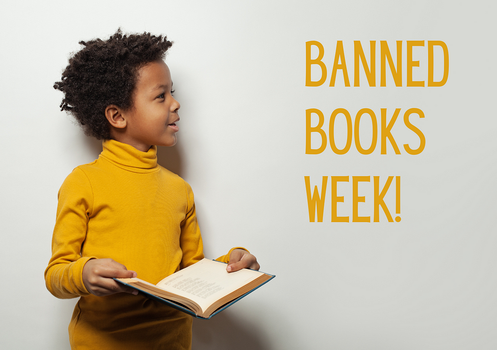 A child in a mustard yellow turtleneck is standing in front of a white background and is holding an open book. They are turned to the side and looking at something that is out of the frame. Yellow text to the right reads, “Banned Books Week!”