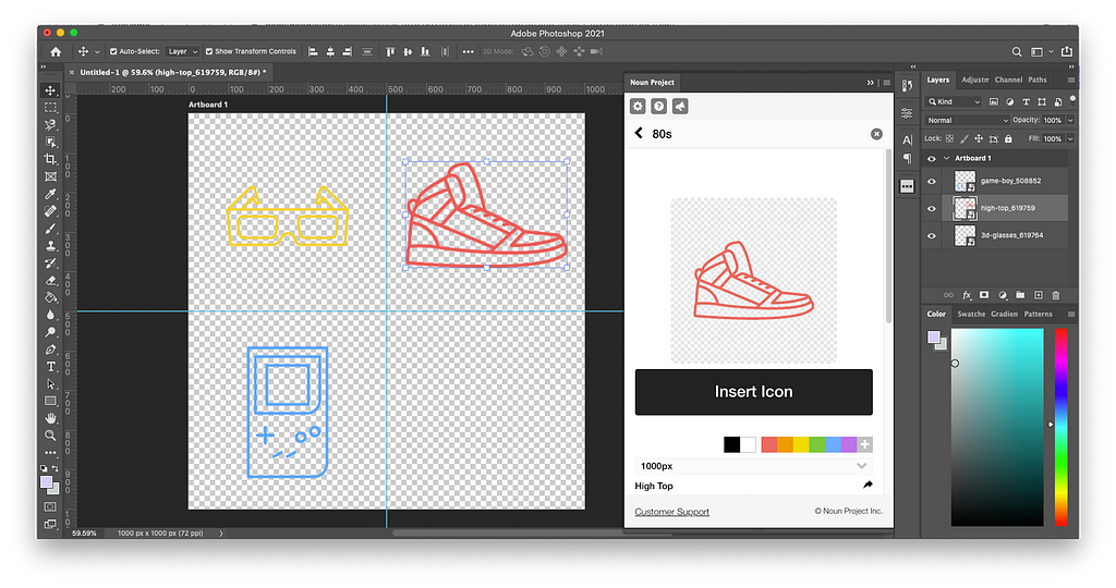 Steps 5 and 6 to make a pattern in Photoshop: Insert multiple Noun Project icons and recolor each one if desired. Space them out evenly in each corner of the artboard. Browse “more icons by this creator” to select icons from the same collections for visual consistency.