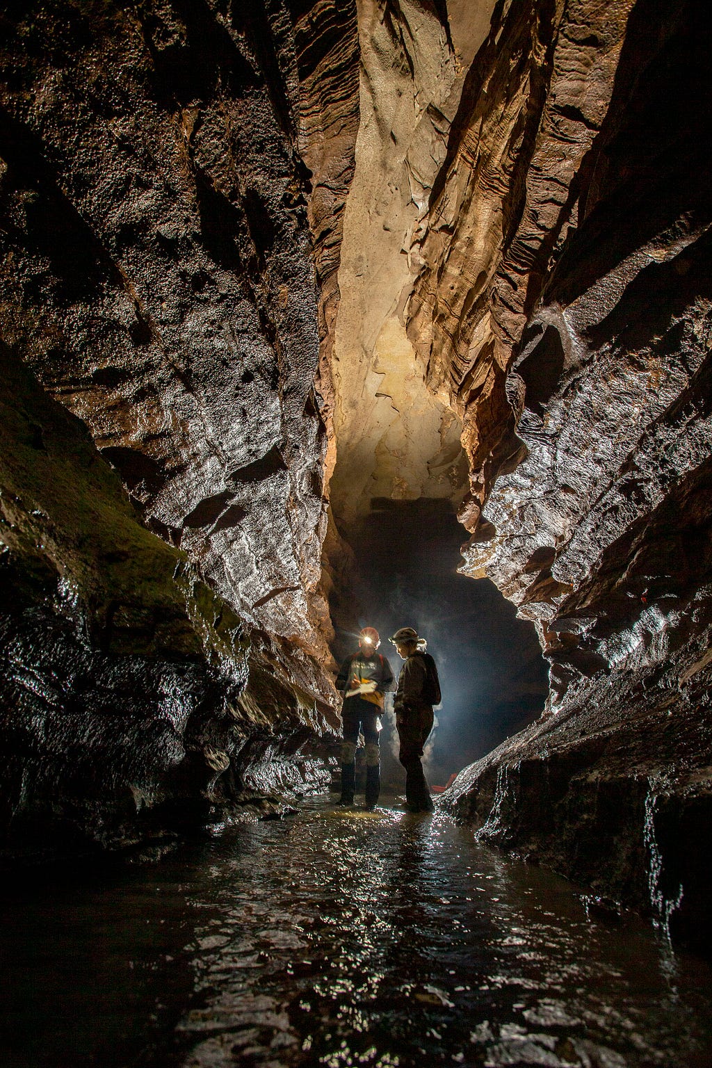 Epic shot of Kris Budd conducting biological inventory surveys in Missouri with partners at the Cave Research Foundation. Photo Credit: Derik Holtmann