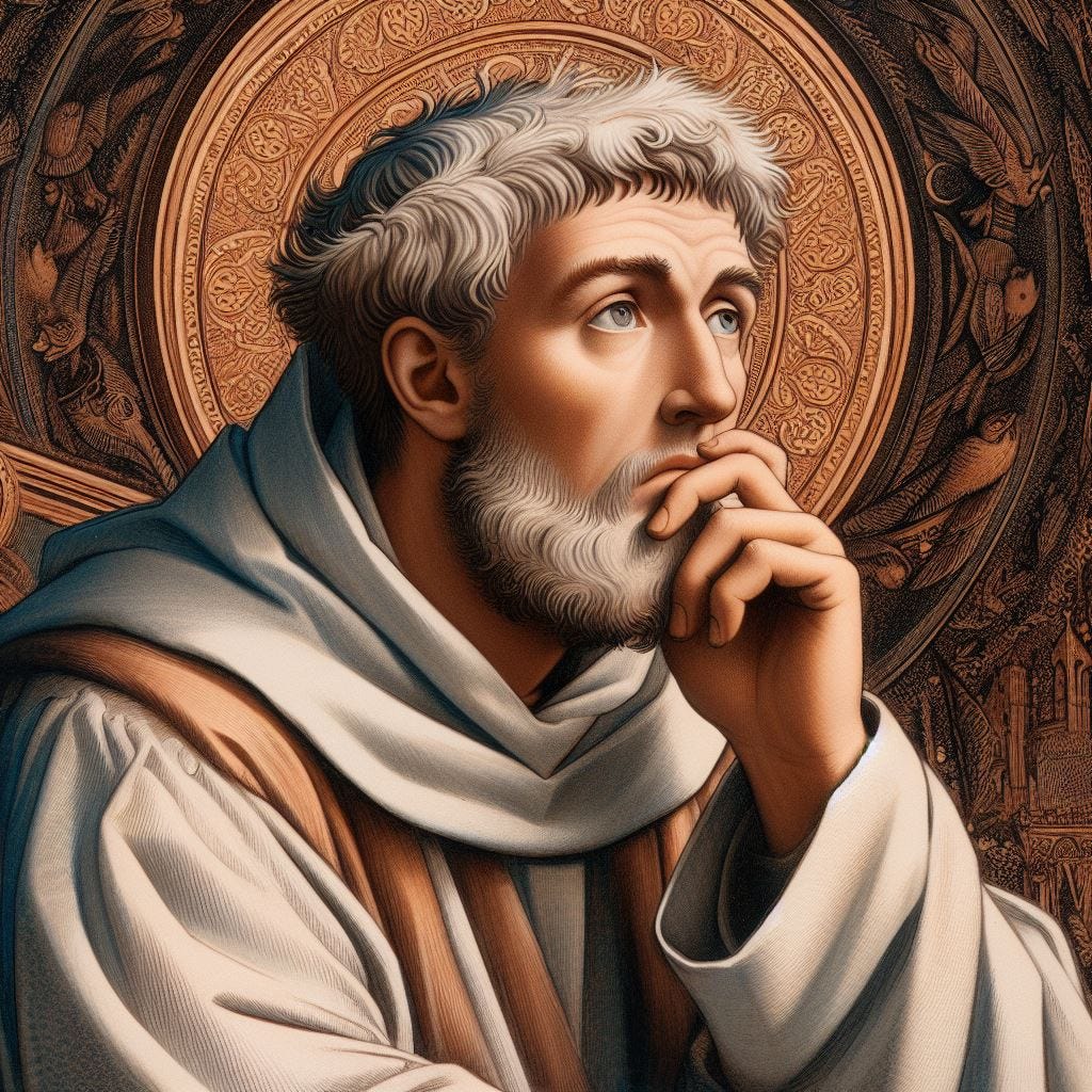 An AI representation of Anselm of Canterbury in deep thought.