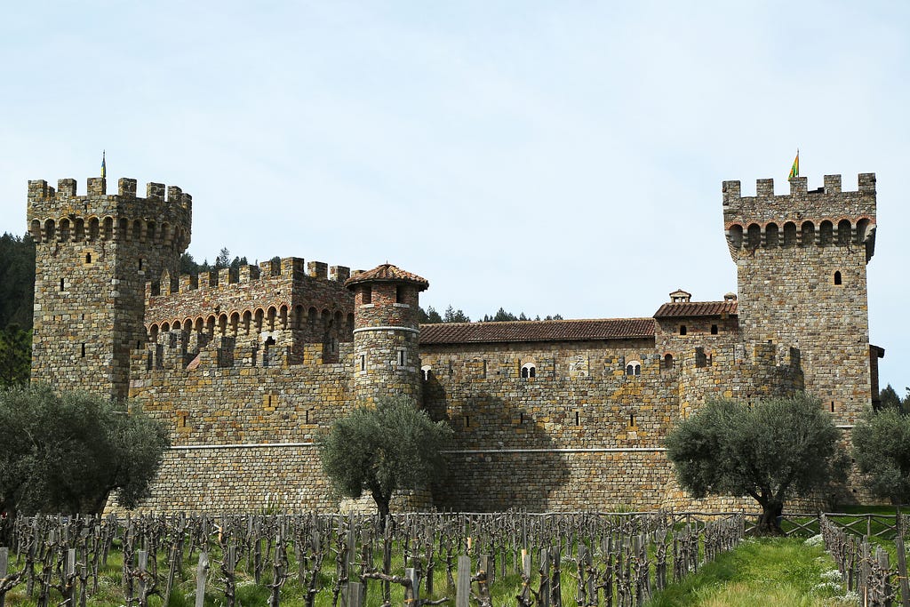 Imposing view of Castello di Amorosa from the bare vineyard … winter is coming?