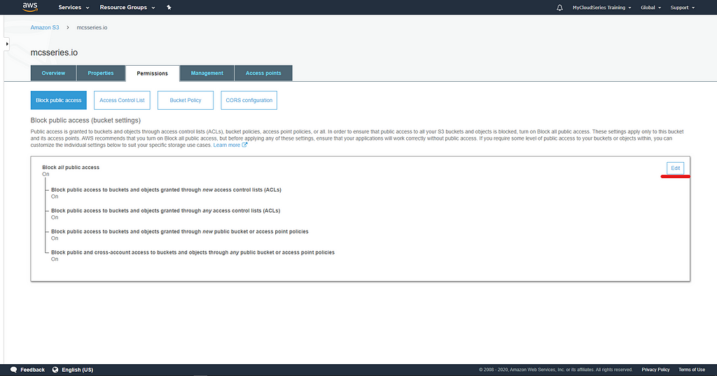 Edit S3 Bucket Public Access