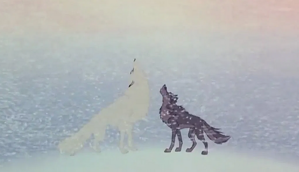 Balto stands opposite a White wolf in a snow storm and howls.