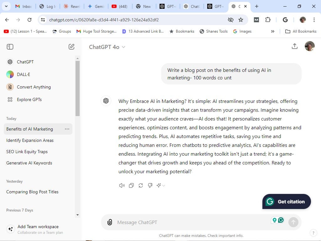 screenshot of chatgpt ; prompt on how to write a ai blog post