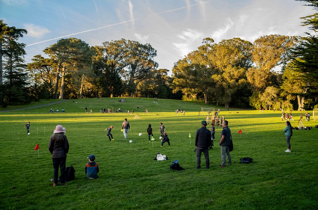 Soccer practice in Golden Gate Park. San Francisco has one of the nation’s best park systems, ranking 7th nationwide.. SF Standard 25 May 2023. Photo: Robert Gumpert 10 November 2023