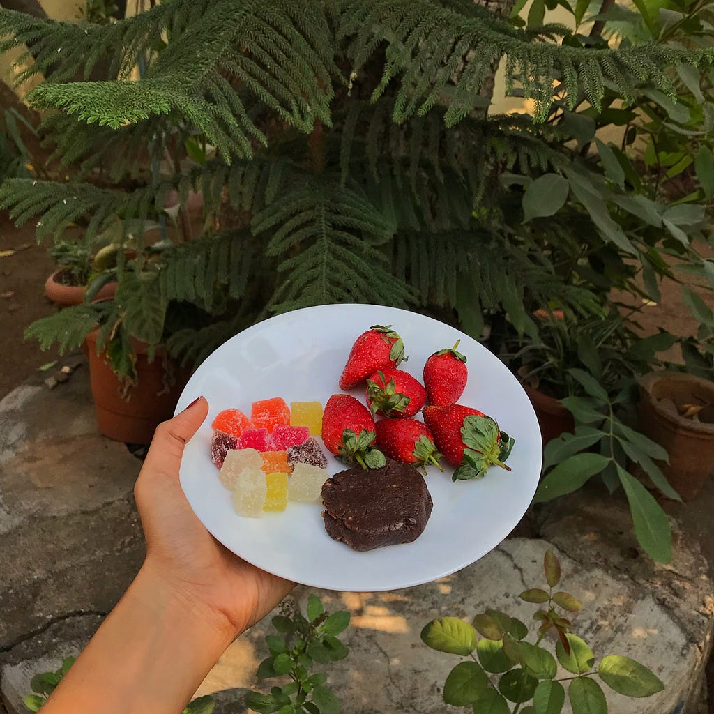 Berries, jelly sweets and chocolate fudge